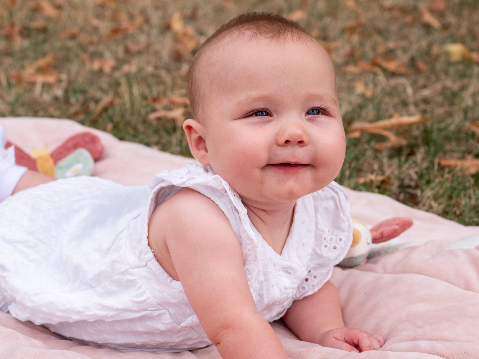Kleines Baby auf einer Decke beim Outdoor-Fotoshooting mit weichem Tageslicht in Bonn