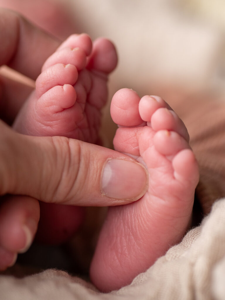 Kleine Babyfüße eines Neugeborenen beim Schooting in Bonn